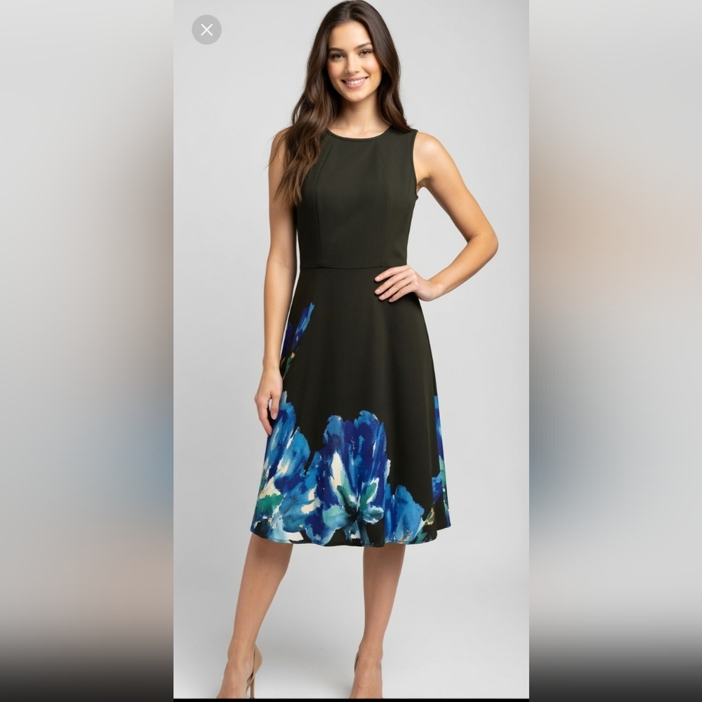 White House Black Market Black Dress with Blue Floral Design